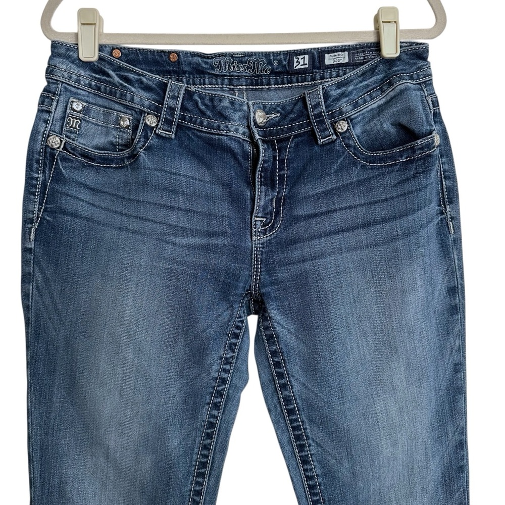 MISS ME Mid Rise Bootcut Jeans 31 Fleur De Lis‎ Pockets Y2K Western Glam Denim - Picture 5 of 16